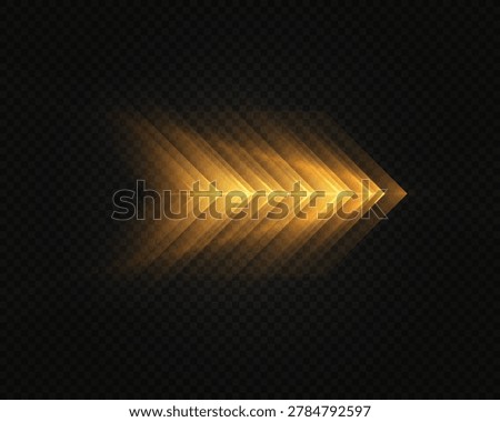 Golden glowing neon arrow, realistic gold chevron directional pointer with speed light effect isolated on transparent background