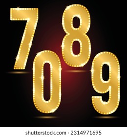 Golden glowing numbers. Set of four numbers seven eight nine and zero