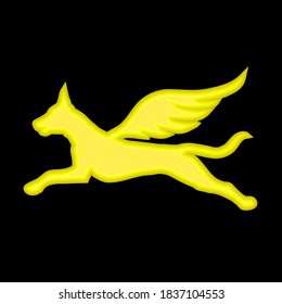 The golden glowing outline of a flying dog with wings isolated on a black background. 