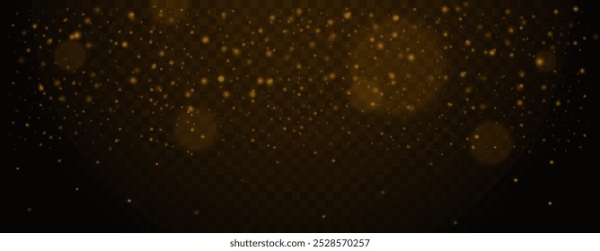Partículas brillantes doradas flotando sobre fondo transparente. Polvo brillante Abstractas, destellos brillantes y efectos bokeh