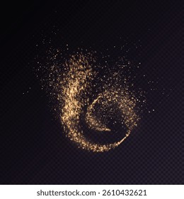 Golden glowing particles forming a swirl on transparent background. Perfect for magical effects, sparkles, digital animations, or festive designs in advertising and visual projects.

