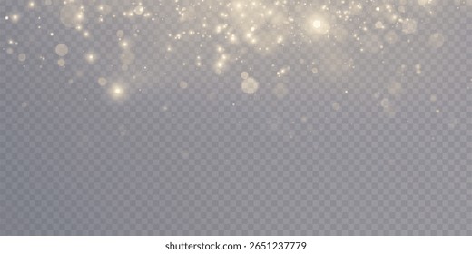 Golden glowing particles and sparks scattered on transparent background. Vector magical bokeh and glitter effect for Christmas illustrations and holiday overlay and background design