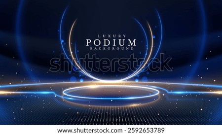 Golden glowing product display stand with blue neon light effect and bokeh on dark stage backdrop, elegant background design concept. Vector illustration.