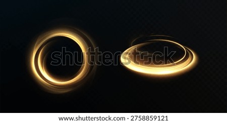 Golden glowing rings create energy trails, representing speed, technology, and futuristic movement on a dark background