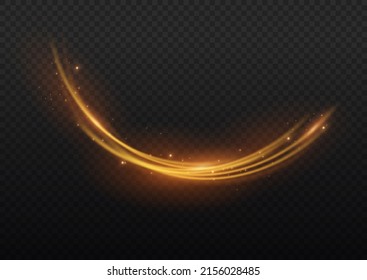 Golden glowing shiny lines effect vector background. Luminous white lines of speed. Light glowing effect. Abstract motion lines. Light trail wave, fire path trace line, car lights, optic fiber and inc