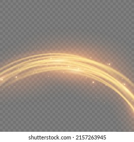 Golden glowing shiny lines effect vector background. Luminous white lines of speed. Light glowing effect. Abstract motion lines. Light trail wave, fire path trace line, car lights, optic fiber and inc