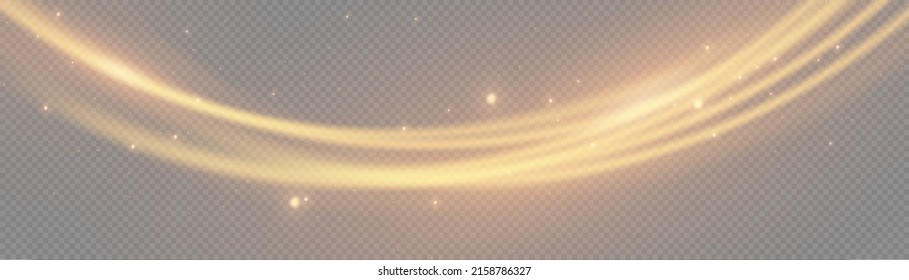 Golden glowing shiny lines effect vector background. Luminous white lines of speed. Light glowing effect. Abstract motion lines. Light trail wave, fire path trace line, car lights, optic fiber and inc