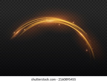 Golden glowing shiny lines effect vector background. Luminous white lines of speed. Light glowing effect. Abstract motion lines. Light trail wave, fire path trace line, car lights, optic fiber and inc