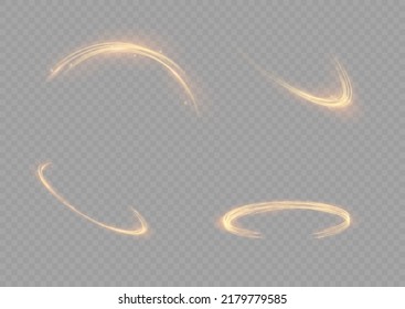 Golden glowing shiny lines effect. Luminous white lines of speed. Light glowing effect. Abstract motion lines. Light trail wave, fire path trace line and incandescence curve twirl