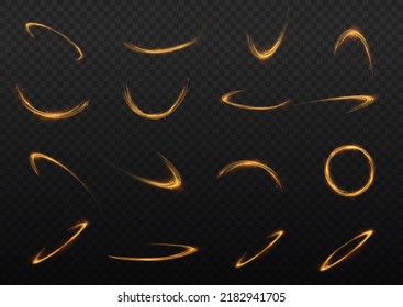 Fondo vectorial de efecto de líneas brillantes doradas. Luminosas líneas blancas de velocidad. Efecto luminoso. Ola ligera de senderos, línea de trazos de senderos de incendios y giro de la curva de incandescencia.