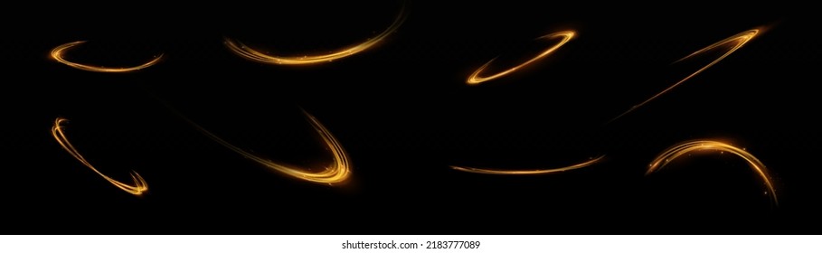 Golden glowing shiny lines effect vector background. Luminous white lines of speed. Light glowing effect. Light trail wave, fire path trace line and incandescence curve twirl.