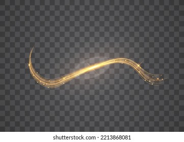 Golden glowing shiny lines effect. Glowing magic fire trace. Magic golden light effect with curve trail. Vector illustration.