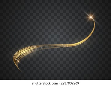 Golden glowing shiny lines effect. Glowing magic fire trace. Magic golden light effect with curve trail. Vector illustration.