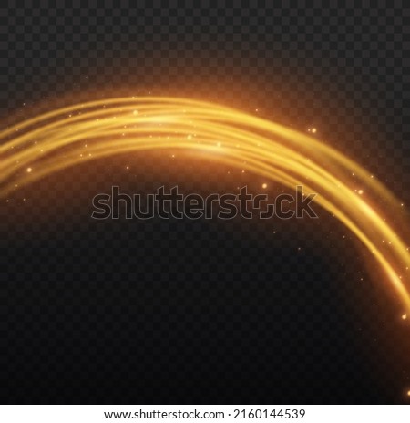 Golden glowing shiny lines effect vector background. Luminous white lines of speed. Light glowing effect. Abstract motion lines. Light trail wave, fire path trace line, car lights, optic fiber and inc