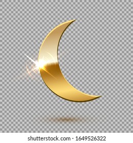 Golden glowing shiny new crescent moon isolated transparent background. Decorative arabesque object. Decoration for islamic muslim holiday. Ramadan Kareem design. Vector realistic illustration