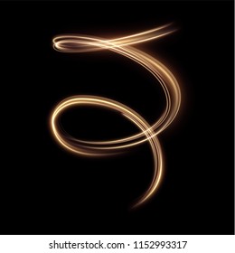 Golden glowing shiny spiral lines effect vector background. EPS10. Abstract light speed motion effect. Shiny wavy trail. Light painting. Light trail. Vector eps10.