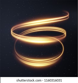 Golden glowing shiny spiral lines effect vector background. EPS10. Abstract light speed motion effect. Shiny wavy trail. Light painting. Light trail. Vector eps10.