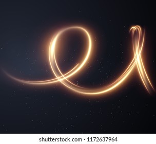 Golden glowing shiny spiral lines effect vector background. EPS10. Abstract light speed motion effect. Shiny wavy trail. Light painting. Light trail. Vector eps10.