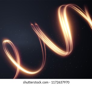 Golden glowing shiny spiral lines effect vector background. EPS10. Abstract light speed motion effect. Shiny wavy trail. Light painting. Light trail. Vector eps10.