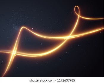 Golden glowing shiny spiral lines effect vector background. EPS10. Abstract light speed motion effect. Shiny wavy trail. Light painting. Light trail. Vector eps10.