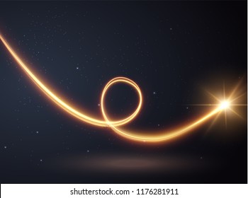 Golden glowing shiny spiral lines effect vector background. EPS10. Abstract light speed motion effect. Shiny wavy trail. Light painting. Light trail. Vector eps10.