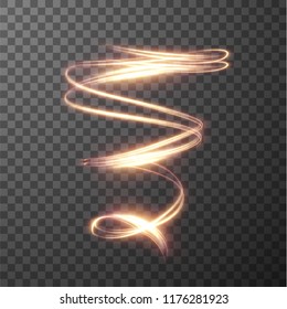 Golden glowing shiny spiral lines effect vector background. EPS10. Abstract light speed motion effect. Shiny wavy trail. Light painting. Light trail. Vector eps10.