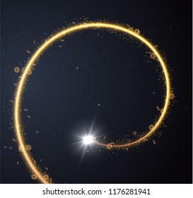 Golden glowing shiny spiral lines effect vector background. EPS10. Abstract light speed motion effect. Shiny wavy trail. Light painting. Light trail. Vector eps10.