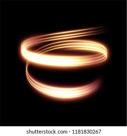 Golden glowing shiny spiral lines effect vector background. EPS10. Abstract light speed motion effect. Shiny wavy trail. Light painting. Light trail. Vector eps10.