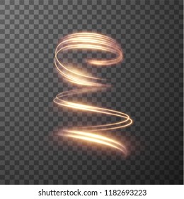 Golden glowing shiny spiral lines effect vector background. EPS10. Abstract light speed motion effect. Shiny wavy trail. Light painting. Light trail. Vector eps10.