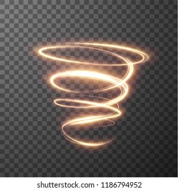 Golden glowing shiny spiral lines effect vector background. EPS10. Abstract light speed motion effect. Shiny wavy trail. Light painting. Light trail. Vector eps10.