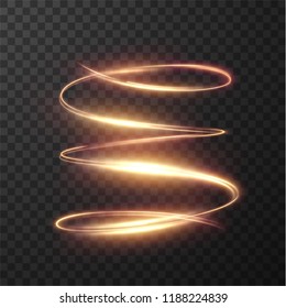 Golden glowing shiny spiral lines effect vector background. EPS10. Abstract light speed motion effect. Shiny wavy trail. Light painting. Light trail. Vector eps10.