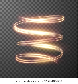 Golden glowing shiny spiral lines effect vector background. EPS10. Abstract light speed motion effect. Shiny wavy trail. Light painting. Light trail. Vector eps10.