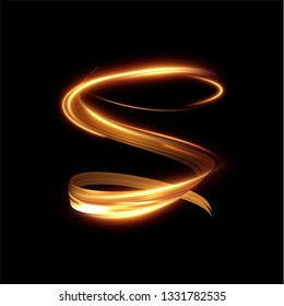 Golden glowing shiny spiral lines effect vector background. EPS10. Abstract light speed motion effect. Shiny wavy trail. Light painting. Light trail. Vector eps10.