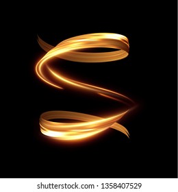 Golden glowing shiny spiral lines effect vector background. EPS10. Abstract light speed motion effect. Shiny wavy trail. Light painting. Light trail. Vector eps10.