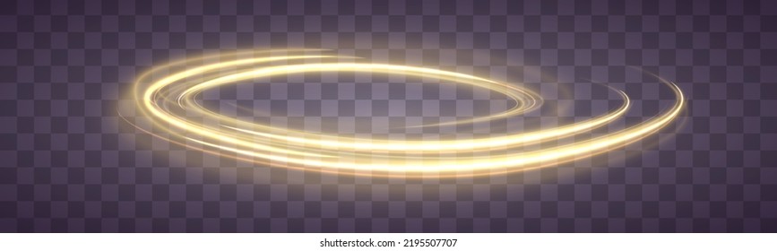 Golden glowing shiny spiral lines effect. Curved yellow line light. Glittering wavy trail. Swirling glow dynamic neon circles. Rotating shining rings. Shine magic gold swirl with flare sparkles Vector