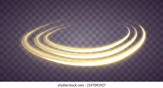 Golden glowing shiny spiral lines effect. Curved yellow line light. Glittering wavy trail. Swirling glow dynamic neon circles. Rotating shining rings. Shine magic gold swirl with flare sparkles Vector