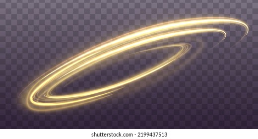 Golden glowing shiny spiral lines effect. Curved yellow line light. Glittering wavy trail. Swirling glow dynamic neon circles. Rotating shining rings. Shine magic gold swirl with flare sparkles Vector