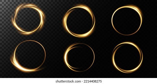 Golden glowing shiny spiral lines, round frames. Vector background. EPS10. Abstract effect of movement with the speed of light. Shiny wavy path. Light painting. Easy trail. Vector eps10.
