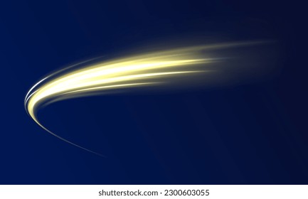 Golden glowing shiny spiral lines effect. Curved yellow line light. Glittering wavy trail. Swirling glow dynamic neon circles. Rotating shining rings. Shine magic gold swirl with flare sparkles Vector