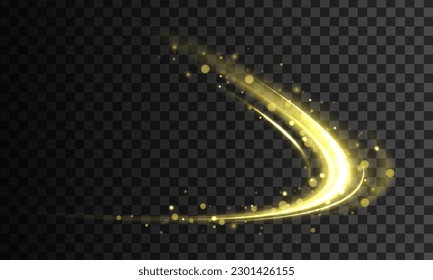 Golden glowing shiny spiral lines effect. Curved yellow line light. Glittering wavy trail. Swirling glow dynamic neon circles. Rotating shining rings. Shine magic gold swirl with flare sparkles Vector