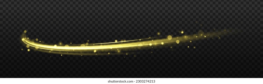 Golden glowing shiny spiral lines effect. Curved yellow line light. Glittering wavy trail. Swirling glow dynamic neon circles. Rotating shining rings. Shine magic gold swirl with flare sparkles Vector