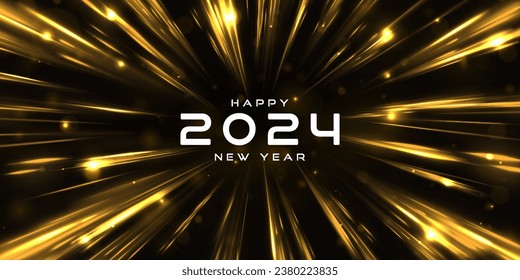 Golden glowing shiny spiral lines effect. Burning sparkling text 2024 isolated on black background. Yellow dust, sparks, stars shine with a special lights. Gold particles abstract vector background.	