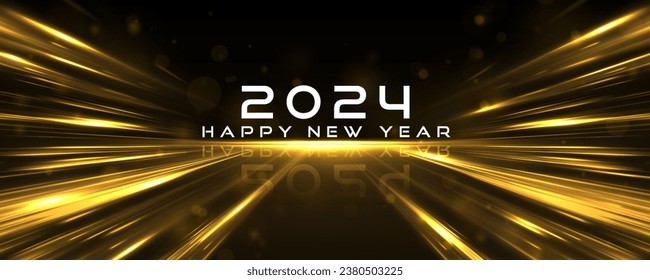 Golden glowing shiny spiral lines effect. Burning sparkling text 2024 isolated on black background. Yellow dust, sparks, stars shine with a special lights. Gold particles abstract vector background.	