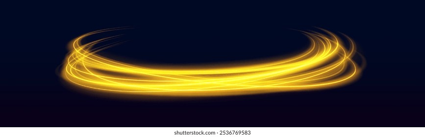 Golden glowing shiny spiral lines effect. Curved yellow line light. Luminous gold wavy line of light on a transparent background. Curved yellow line light.	