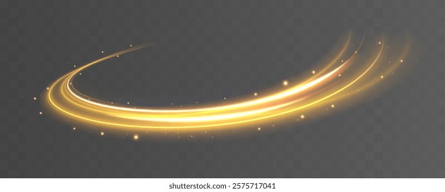 Golden glowing shiny spiral lines effect. Curved yellow line light. Vector illustration of a burning falling fireball meteor.	