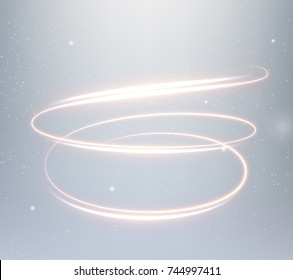 Golden glowing shiny spiral lines effect vector background. EPS10. Abstract light speed motion effect. Shiny wavy trail. Light painting. Light trail. Vector eps10.