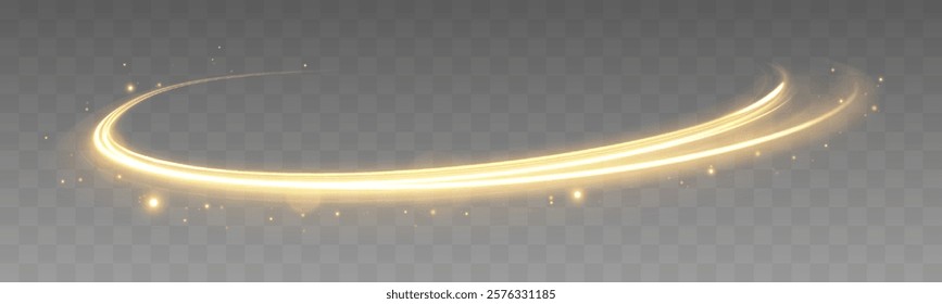 Golden glowing shiny spiral speed lines yellow light effect. Curved yellow line light. Vector transparent sunlight special lens flare light effect.	
