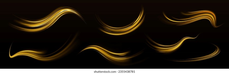Golden glowing shiny spiral vector. Neon line yellow. Shiny wavy trail. Long time exposure motion blur effect. Neon magic light effect. Abstract motion glowing wavy lines. 