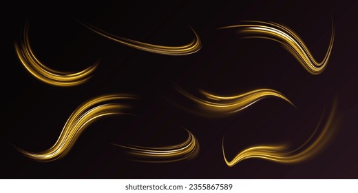 Goldener glänzender Spiralvektor. Neon-line gelb. glänzender Weg. Lange Expositionsbewegung unscharfer Effekt. Neonzauberer Lichteffekt. Abstrakte Bewegung glühende Linien. 