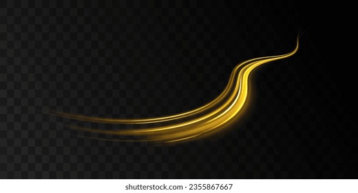 Golden glowing shiny spiral vector. Neon line yellow. Shiny wavy trail. Long time exposure motion blur effect. Neon magic light effect. Abstract motion glowing wavy lines. 